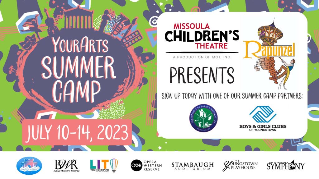 Your Arts Summer Camp green, purple, and pink graphic with camp partners section