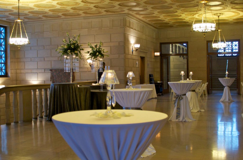 Frequently Asked Questions about Cocktail Hour 2 Wedding cocktail hour setup in ballroom lobby at Stambaugh Auditorium